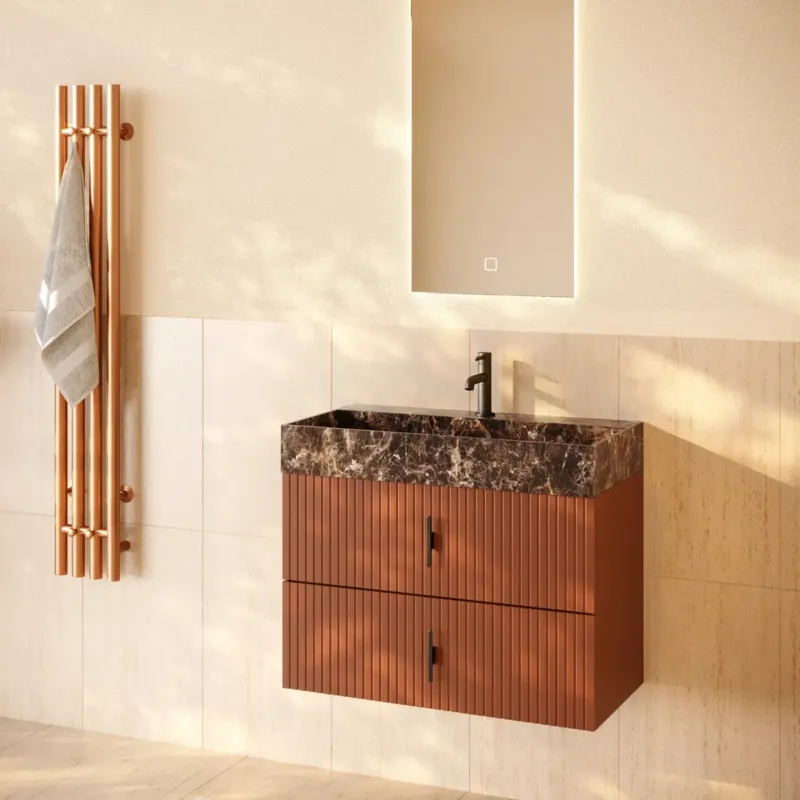 Beste Prijs Muebles Murcia badmeubel ribbelfront 80cm terracotta met Dark Emperador wastafel met kraangat