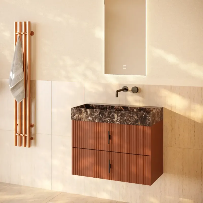 Muebles Murcia badmeubel ribbelfront 80cm terracotta met Dark Emperador wastafel zonder kraangat Direct Verzonden
