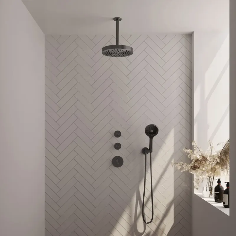 Brauer Stripe inbouw regendouche met 25cm hoofddouche, plafondarm en 3 standen handdouche set 6 gunmetal geborsteld PVD Bestel Nu