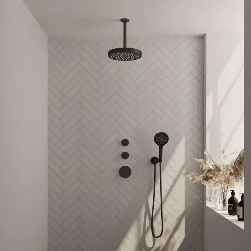 Brauer Stripe inbouw regendouche met 25cm hoofddouche, plafondarm en 3 standen handdouche set 6 zwart mat Seizoensaanbieding