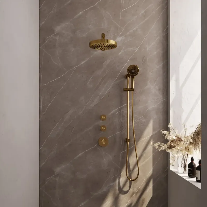 Beste Prijs Brauer Stripe inbouw regendouche met 25cm hoofddouche, rechte muurarm en 3 standen handdouche en glijstang set 10 messing geborsteld PVD