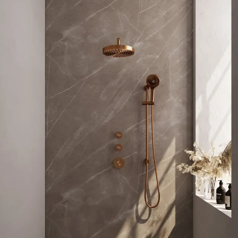 Brauer Stripe inbouw regendouche met 25cm hoofddouche, gebogen muurarm en 3 standen handdouche en glijstang set 11 koper geborsteld PVD Betaalbaar