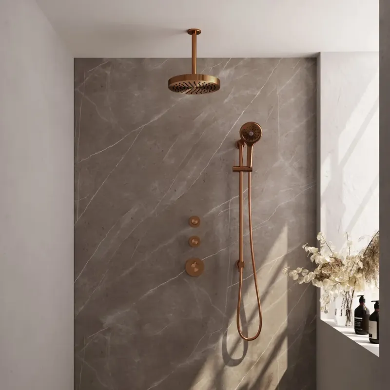 Beste Prijs Brauer Stripe inbouw regendouche met 25cm hoofddouche, plafondarm en 3 standen handdouche en glijstang set 12 koper geborsteld PVD