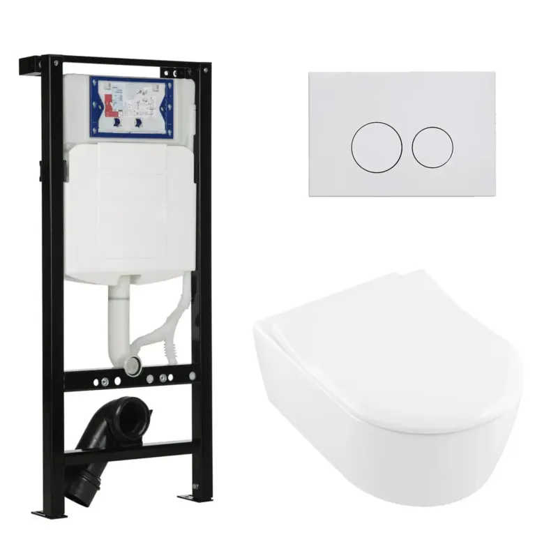 Geberit UP320 met Plieger frame toiletset met Villeroy & Boch Avento randloos toilet met dunne softclose zitting Op = Op