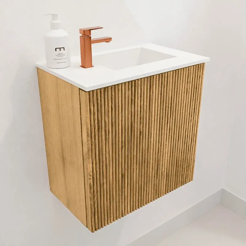 Express Levering Mondiaz Joya 40cm toiletmeubel oak met wastafel faye rechts 1 kraangat talc
