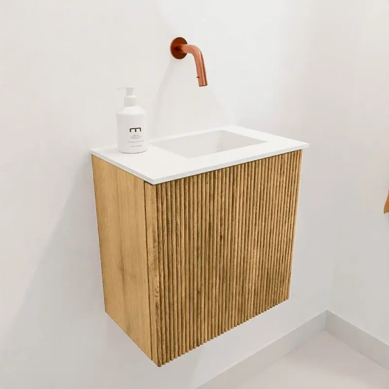 Mondiaz Joya 40cm toiletmeubel oak met wastafel faye rechts zonder kraangat talc Op = Op