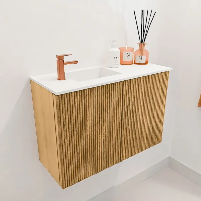 Goedkoop Mondiaz Joya 60cm toiletmeubel oak met wastafel faye links 1 kraangat talc