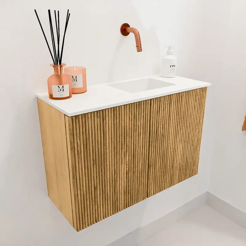 Mondiaz Joya 60cm toiletmeubel oak met wastafel faye rechts zonder kraangat talc Voordeelprijs