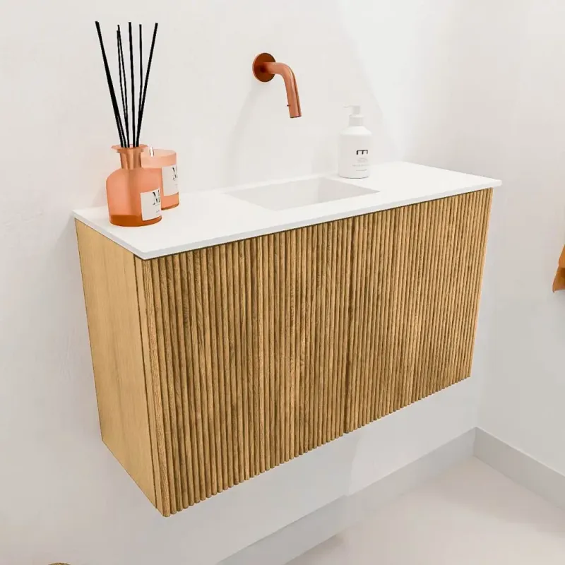 Actieprijs Mondiaz Joya 70cm toiletmeubel oak met wastafel faye midden zonder kraangat talc