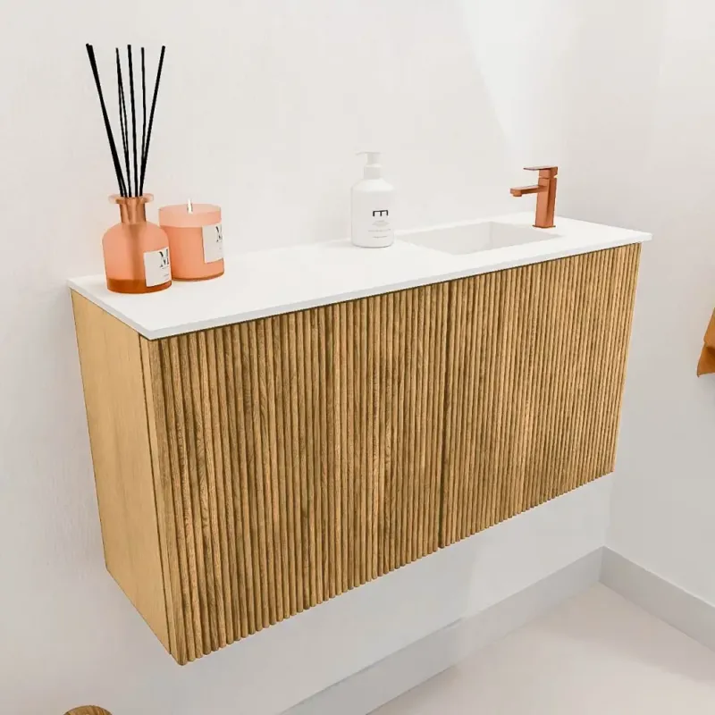 Uitverkoop Mondiaz Joya 80cm toiletmeubel oak met wastafel faye rechts 1 kraangat talc