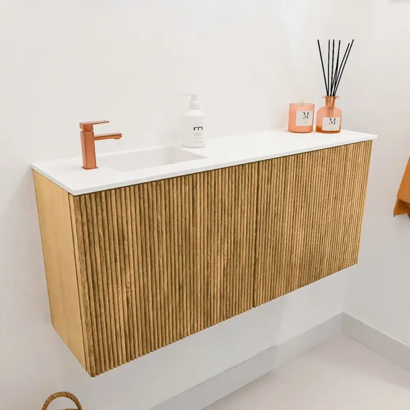 Betrouwbaar Mondiaz Joya 90cm toiletmeubel oak met wastafel faye links 1 kraangat talc