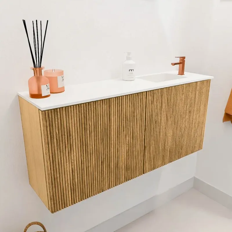 Premium Mondiaz Joya 90cm toiletmeubel oak met wastafel faye rechts 1 kraangat talc