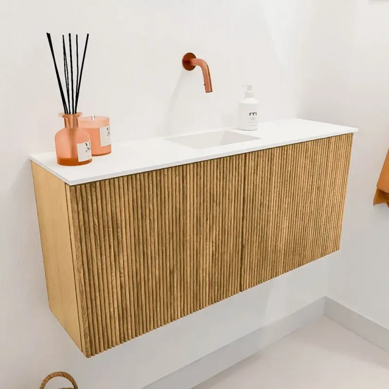 Aanbieding Mondiaz Joya 90cm toiletmeubel oak met wastafel faye midden zonder kraangat talc