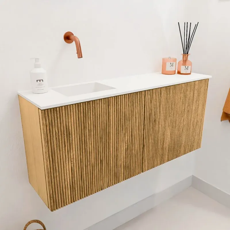 Premium Mondiaz Joya 90cm toiletmeubel oak met wastafel faye links zonder kraangat talc