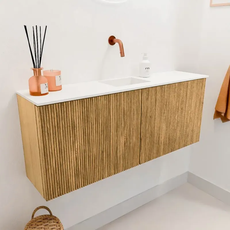 Uitverkoop Mondiaz Joya 100cm toiletmeubel oak met wastafel faye midden zonder kraangat talc