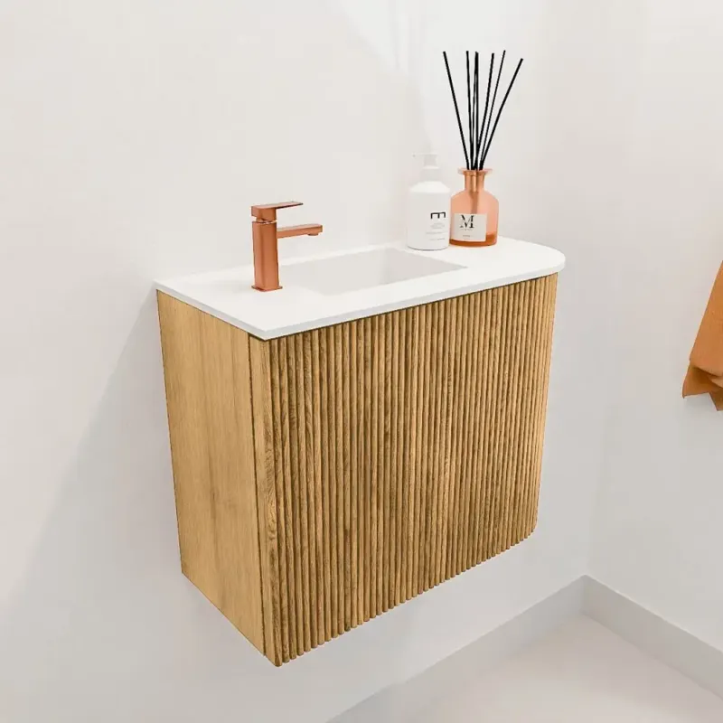 Direct Verzonden Mondiaz Joya 50cm toiletmeubel ronding rechts oak met wastafel faye links 1 kraangat talc