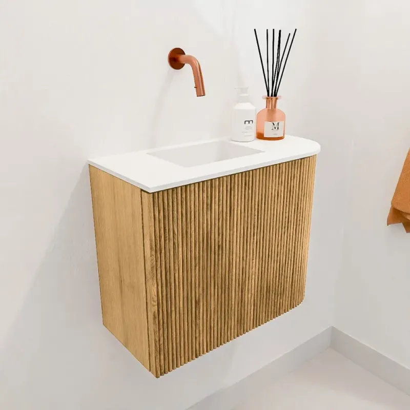 Snelle Levering Mondiaz Joya 50cm toiletmeubel ronding rechts oak met wastafel faye links zonder kraangat talc