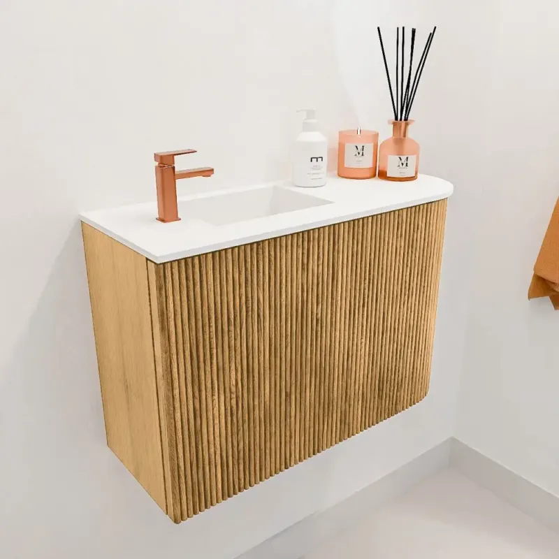 Mondiaz Joya 60cm toiletmeubel ronding rechts oak met wastafel faye links 1 kraangat talc Merkproduct