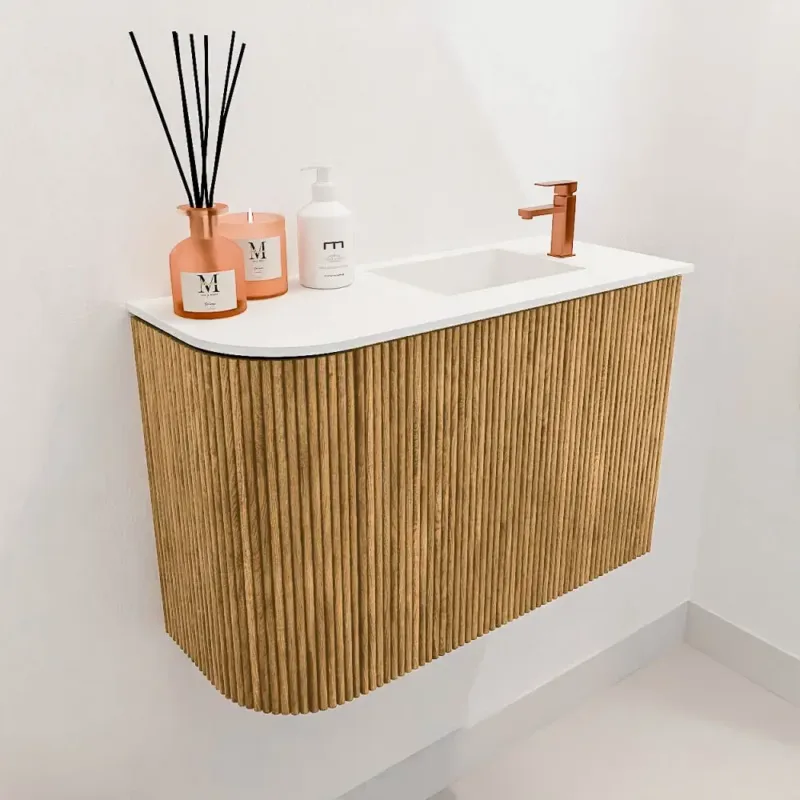 Gereduceerde Prijs Mondiaz Joya 60cm toiletmeubel ronding links oak met wastafel faye rechts 1 kraangat talc