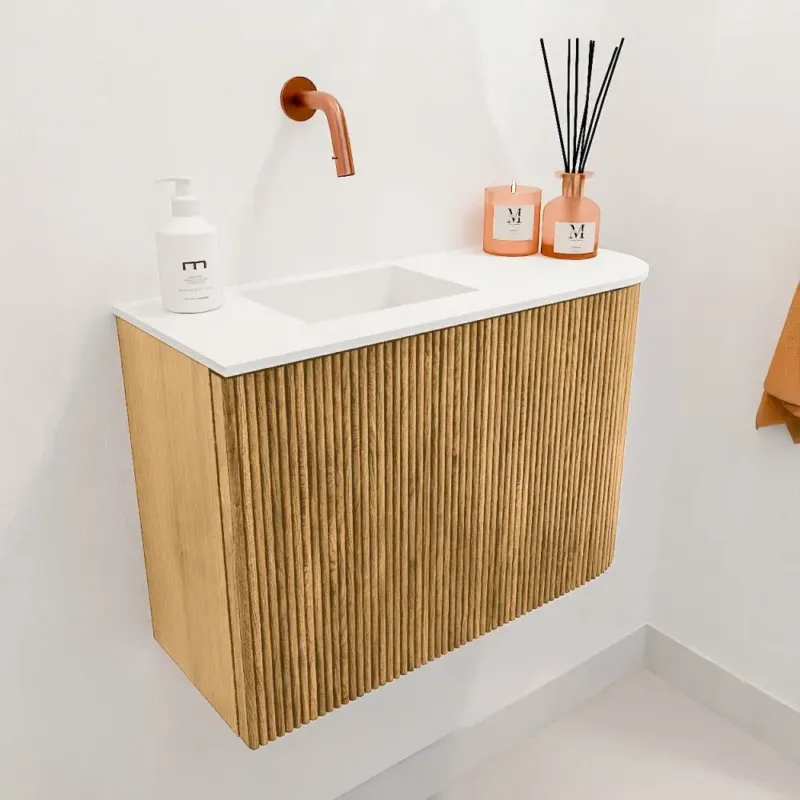Mondiaz Joya 60cm toiletmeubel ronding rechts oak met wastafel faye links zonder kraangat talc Gecertificeerd