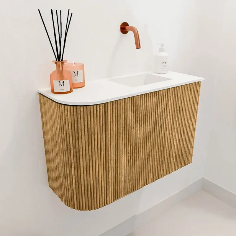 Gecertificeerd Mondiaz Joya 60cm toiletmeubel ronding links oak met wastafel faye rechts zonder kraangat talc