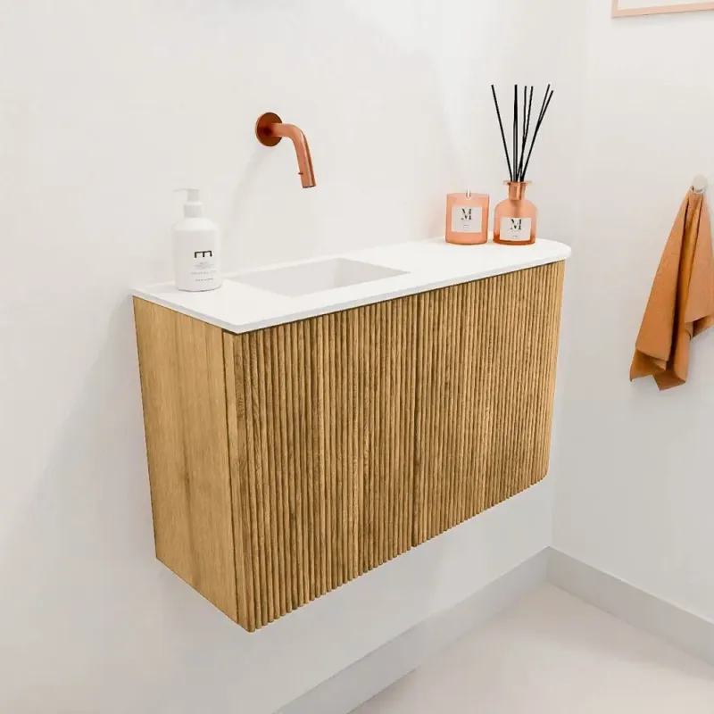 Mondiaz Joya 70cm toiletmeubel ronding rechts oak met wastafel faye links zonder kraangat talc Nu Kopen