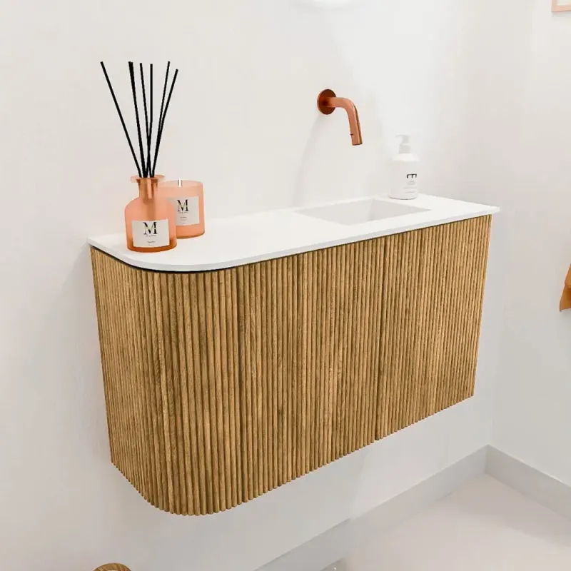 Actieprijs Mondiaz Joya 70cm toiletmeubel ronding links oak met wastafel faye rechts zonder kraangat talc