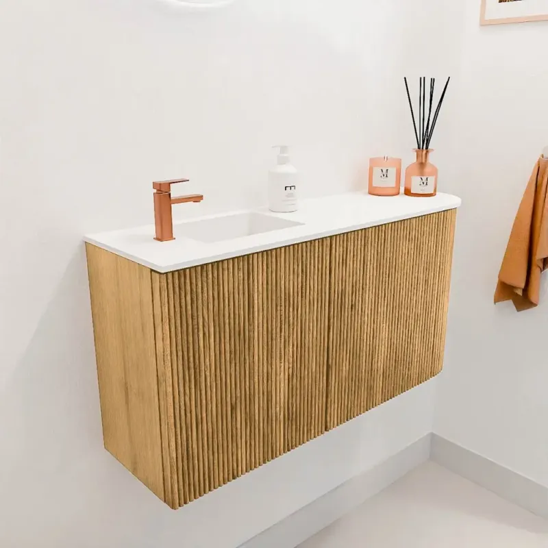 Snelle Levering Mondiaz Joya 80cm toiletmeubel ronding rechts oak met wastafel faye links 1 kraangat talc