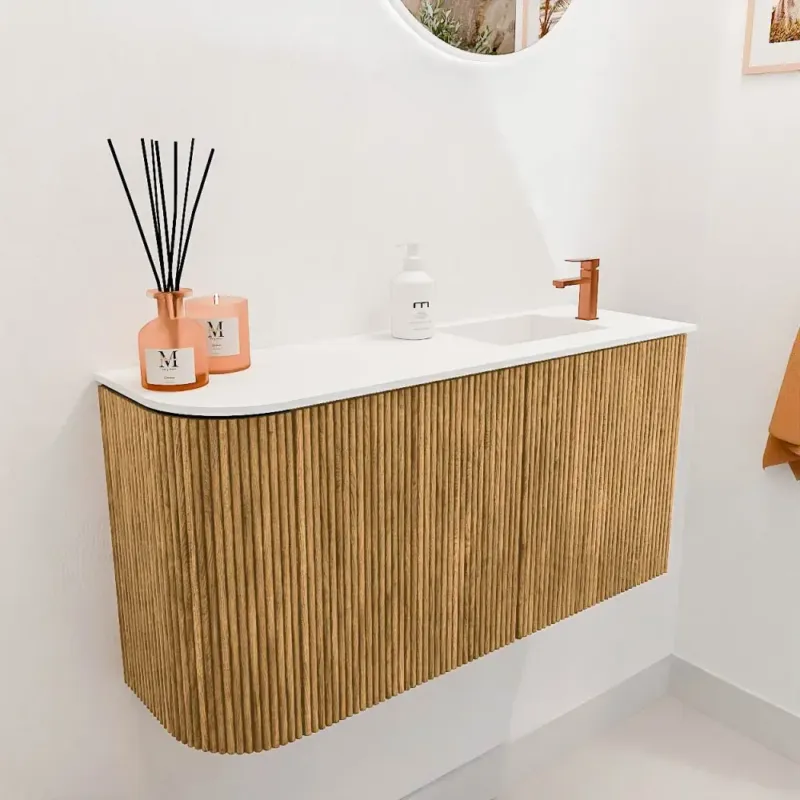 Beste Prijs Mondiaz Joya 80cm toiletmeubel ronding links oak met wastafel faye rechts 1 kraangat talc