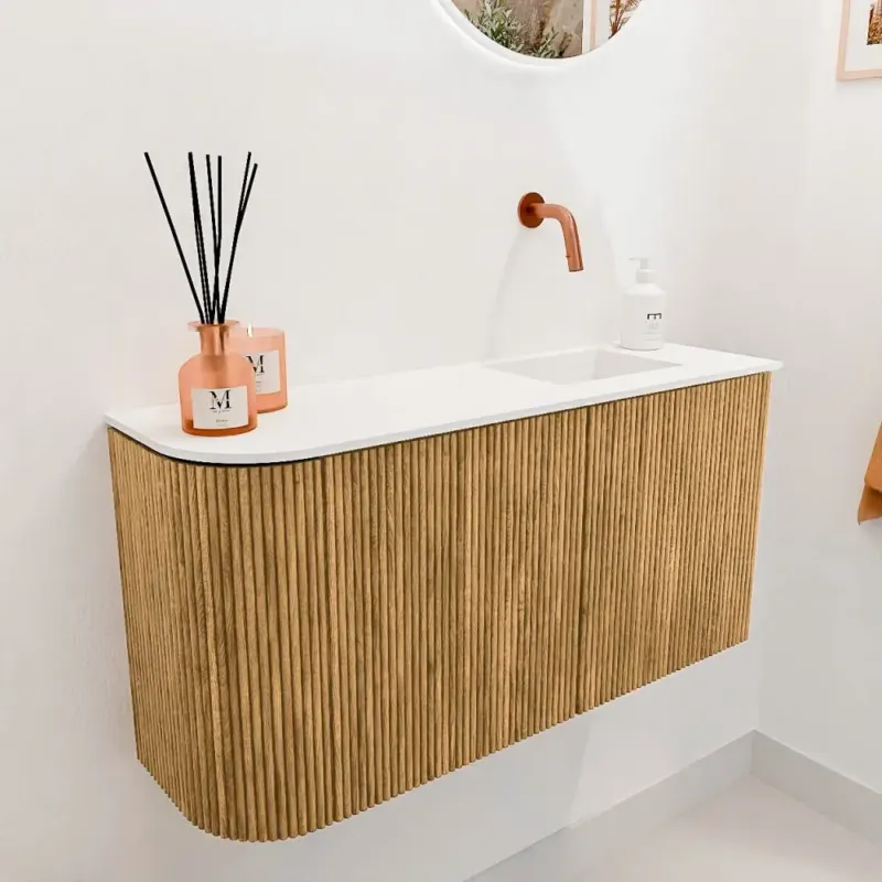 Mondiaz Joya 80cm toiletmeubel ronding links oak met wastafel faye rechts zonder kraangat talc Direct Verzonden
