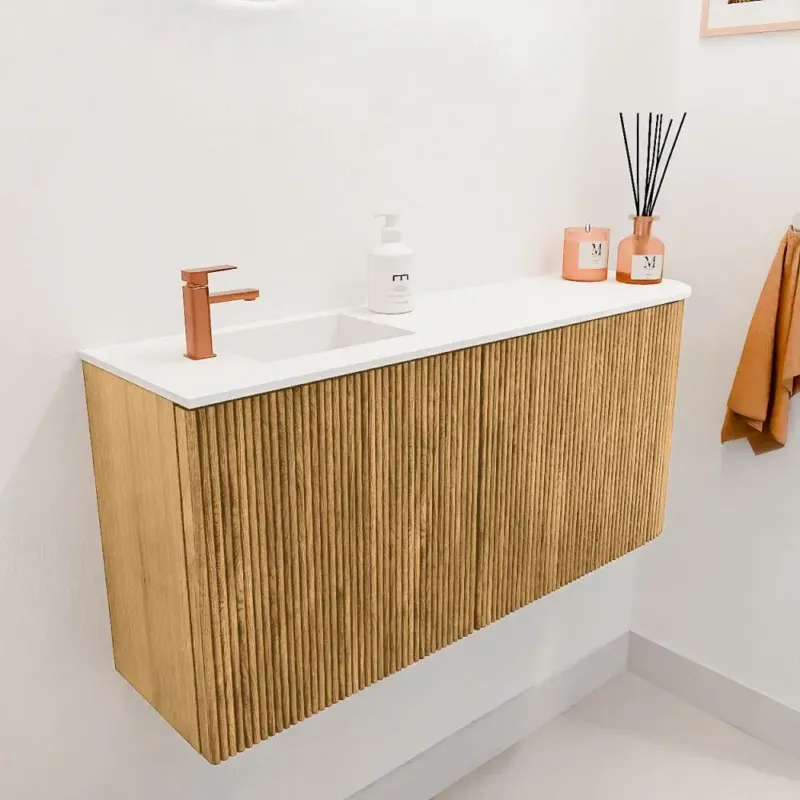 Mondiaz Joya 90cm toiletmeubel ronding rechts oak met wastafel faye links 1 kraangat talc Laatste Kans