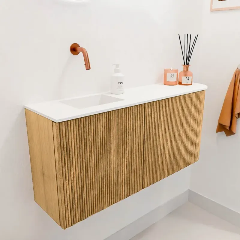 Mondiaz Joya 90cm toiletmeubel ronding rechts oak met wastafel faye links zonder kraangat talc Alleen Vandaag