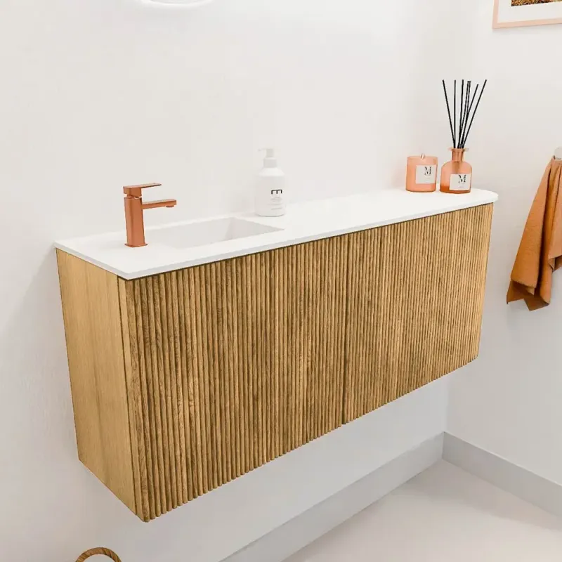 Mondiaz Joya 100cm toiletmeubel ronding rechts oak met wastafel faye links 1 kraangat talc Alleen Vandaag