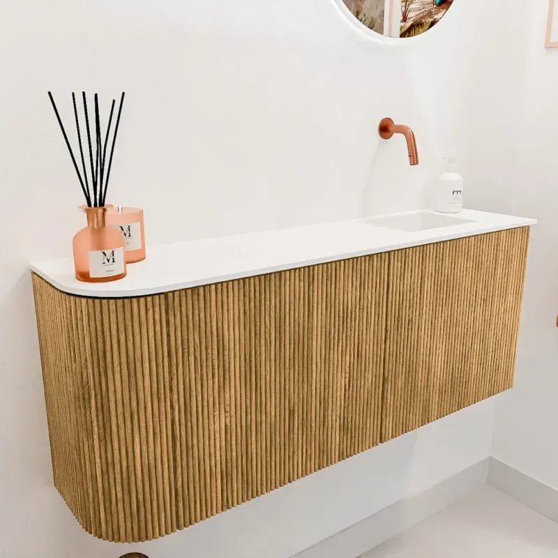 Mondiaz Joya 100cm toiletmeubel ronding links oak met wastafel faye rechts zonder kraangat talc Finale Uitverkoop