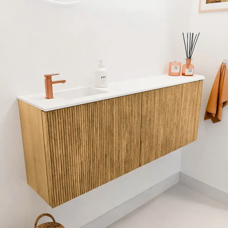 Mondiaz Joya 110cm toiletmeubel ronding rechts oak met wastafel faye links 1 kraangat talc Actieprijs