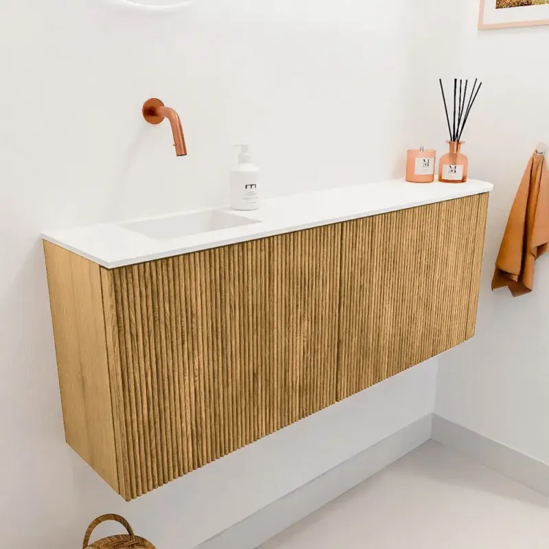 Mondiaz Joya 110cm toiletmeubel ronding rechts oak met wastafel faye links zonder kraangat talc Lage Prijs