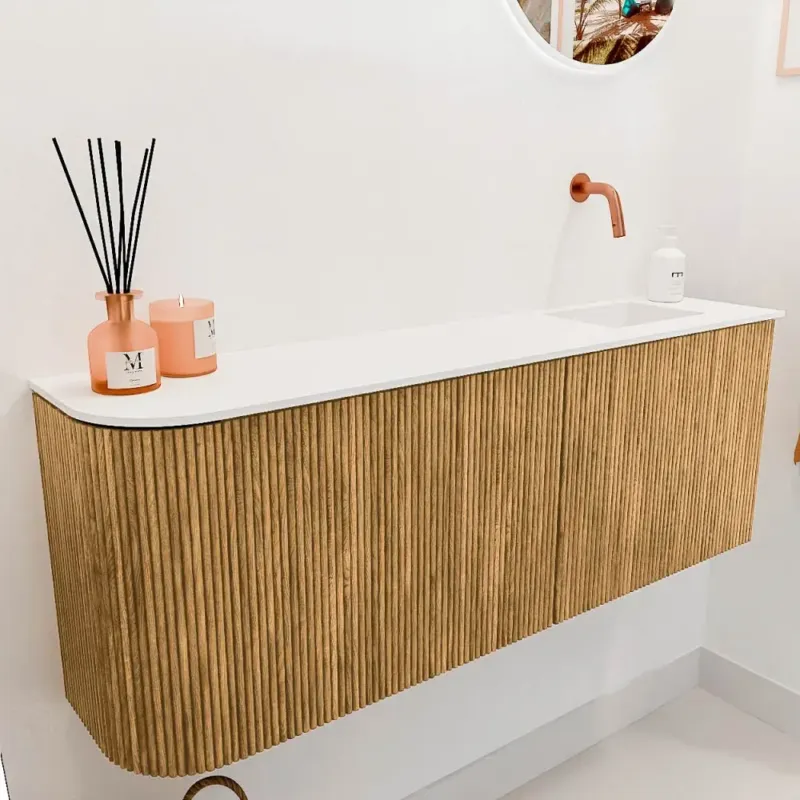 Mondiaz Joya 110cm toiletmeubel ronding links oak met wastafel faye rechts zonder kraangat talc Korting