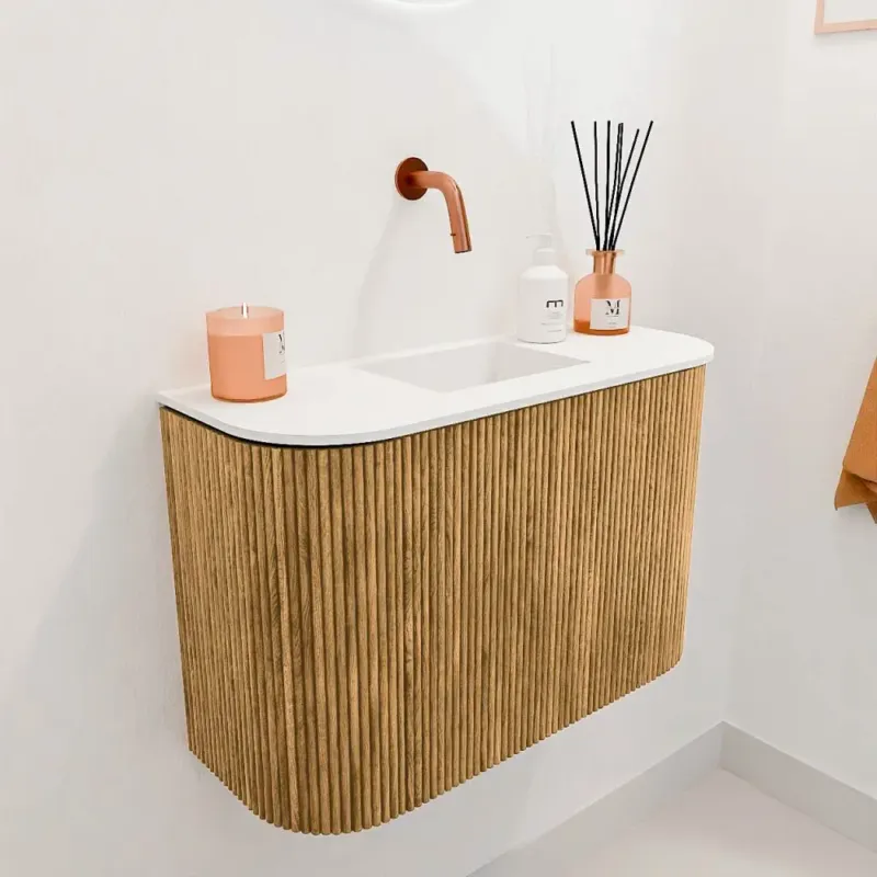 Goedkoop Mondiaz Joya 65cm toiletmeubel ronding links/rechts oak met wastafel faye midden zonder kraangat talc
