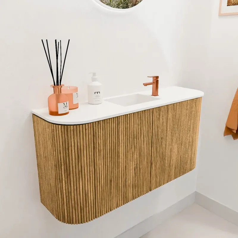 Mondiaz Joya 85cm toiletmeubel ronding links/rechts oak met wastafel faye midden 1 kraangat talc Gereduceerde Prijs