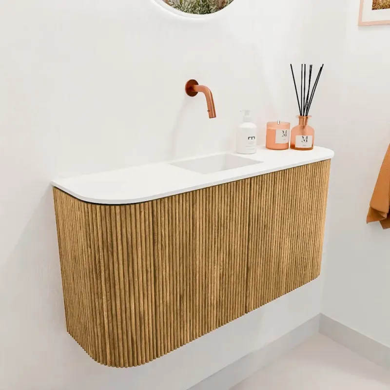Mondiaz Joya 85cm toiletmeubel ronding links/rechts oak met wastafel faye midden zonder kraangat talc Direct Beschikbaar