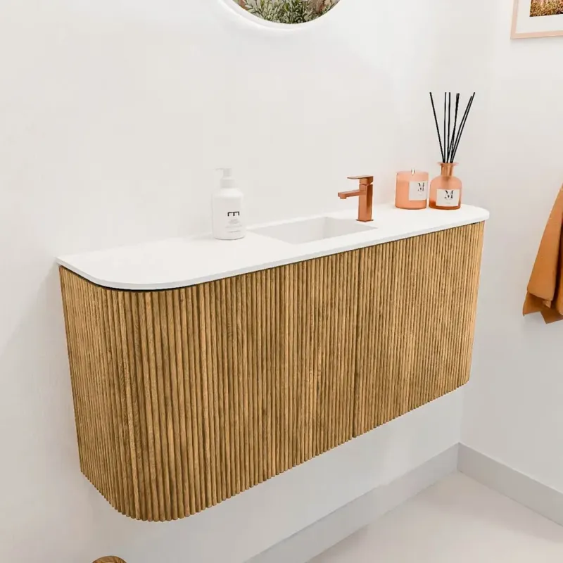 Aanbieding Mondiaz Joya 95cm toiletmeubel ronding links/rechts oak met wastafel faye midden 1 kraangat talc