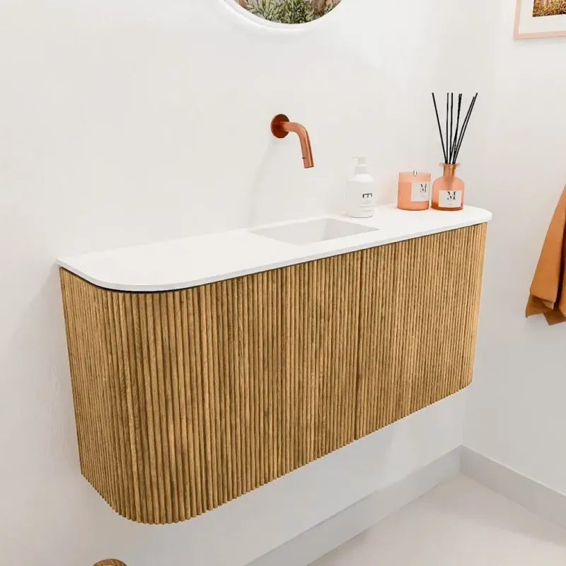 Voordeelprijs Mondiaz Joya 95cm toiletmeubel ronding links/rechts oak met wastafel faye midden zonder kraangat talc