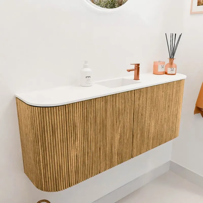 Koopje Mondiaz Joya 105cm toiletmeubel ronding links/rechts oak met wastafel faye midden 1 kraangat talc
