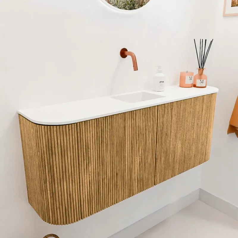 Mondiaz Joya 105cm toiletmeubel ronding links/rechts oak met wastafel faye midden zonder kraangat talc Beperkte Voorraad
