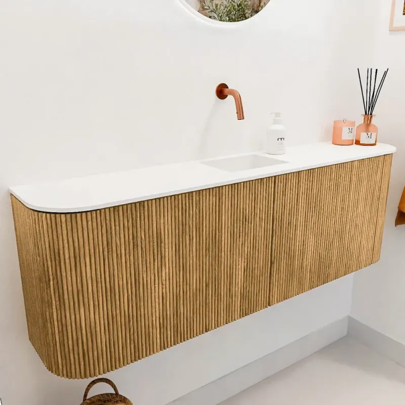 Nu Kopen Mondiaz Joya 125cm toiletmeubel ronding links/rechts oak met wastafel faye midden zonder kraangat talc
