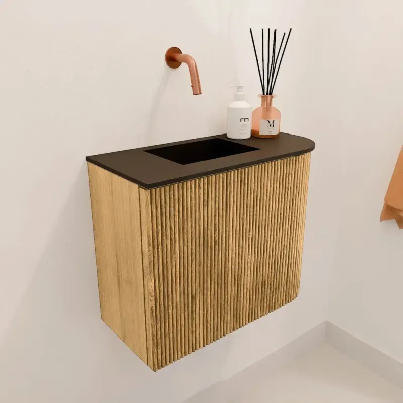 Fabrieksprijs Mondiaz Joya 50cm toiletmeubel ronding rechts oak met wastafel faye links zonder kraangat urban