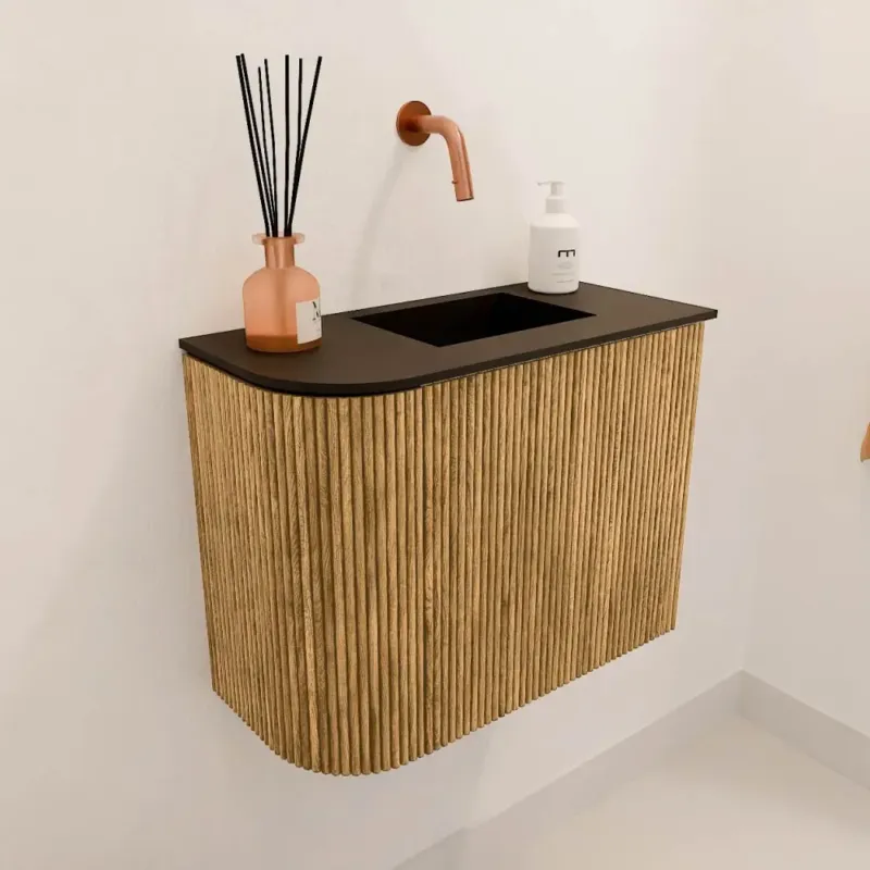 Koopje Mondiaz Joya 50cm toiletmeubel ronding links oak met wastafel faye rechts zonder kraangat urban