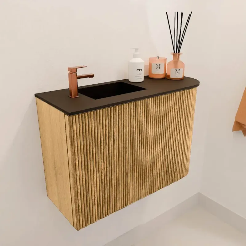 Superprijs Mondiaz Joya 60cm toiletmeubel ronding rechts oak met wastafel faye links 1 kraangat urban
