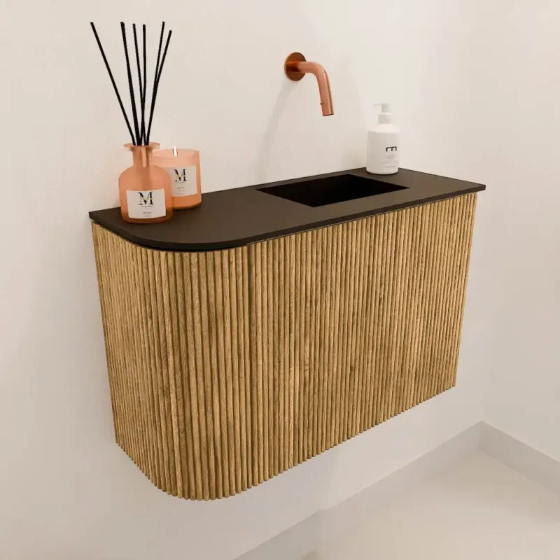 Mondiaz Joya 60cm toiletmeubel ronding links oak met wastafel faye rechts zonder kraangat urban Flitsaanbieding