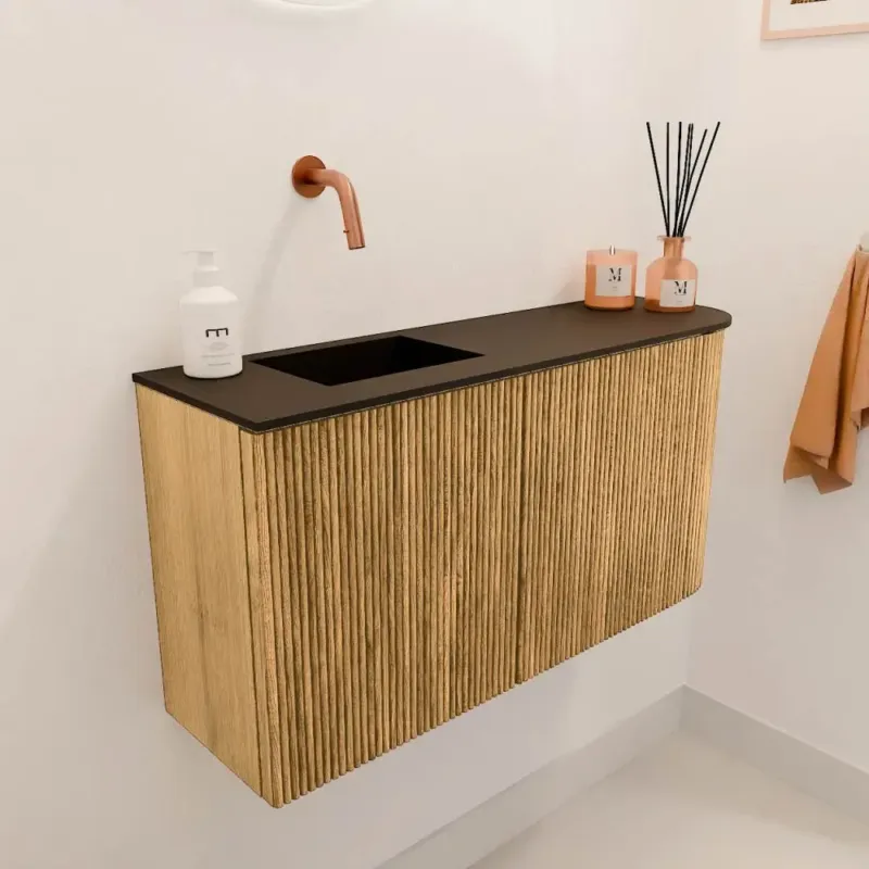 Aanbieding Mondiaz Joya 80cm toiletmeubel ronding rechts oak met wastafel faye links zonder kraangat urban